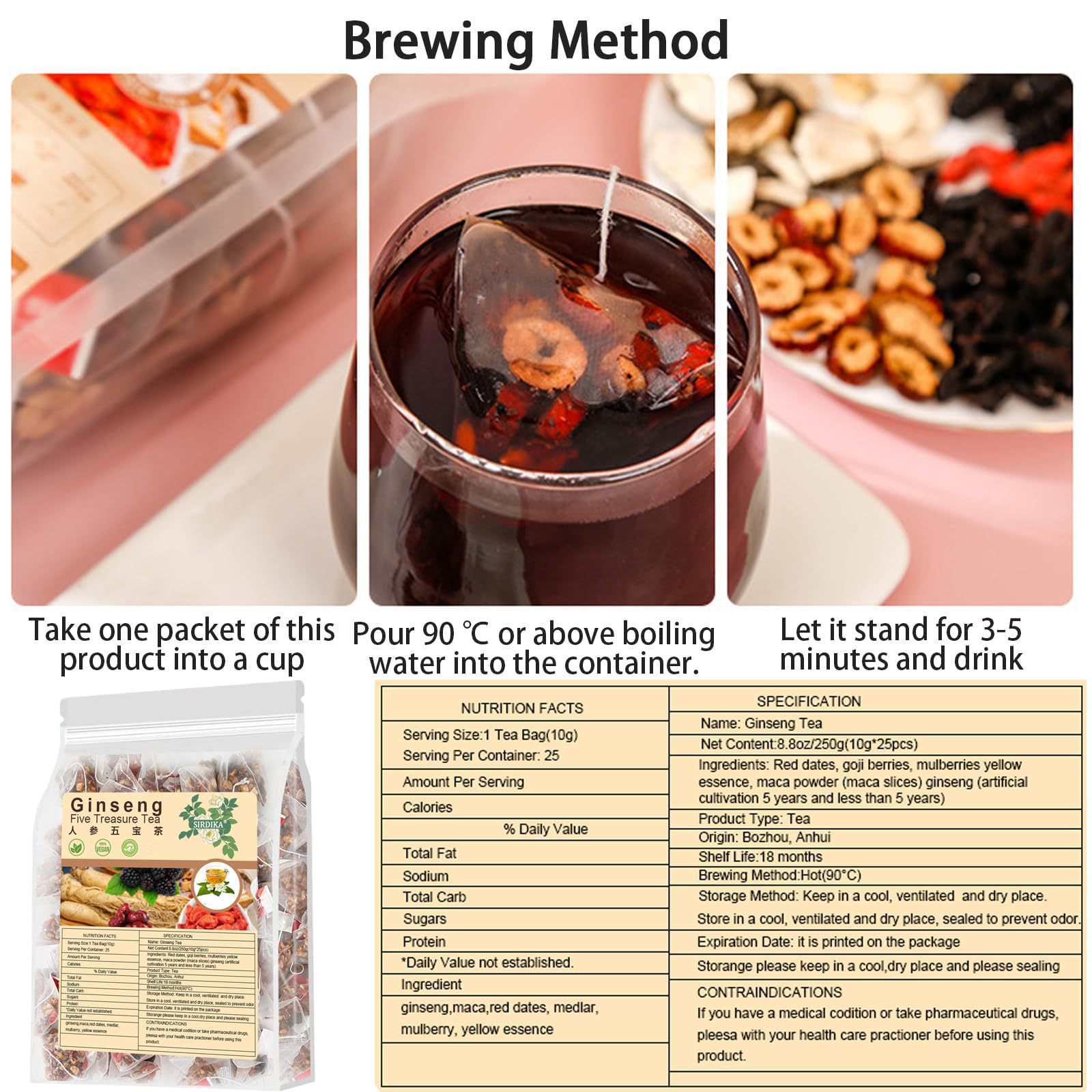 Ginseng Five Treasures Tea, Na - Herbal Wellness Products avaliação e preço
